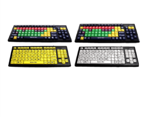 A collage of 4 keyboards. The top left has different coloured keys for each type of key. All of the letters are uppercase. Top right is the exact same but the letters are lowercase. Bottom left, all of the keys are yellow with black writing on. Bottom right has white keys with black writing on them.