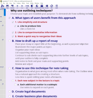 A word document about outlining techniques. There are titles, standard text and bulleted lists. The writing is black, blue and red on a pastel purple background.