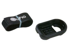 A picture of a a rolled up velcro band with a oval shaped mount for the Quha mouse to attach to the velcro.