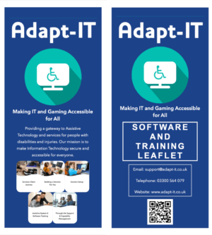 The front cover of both the general leaflet and software leaflet next to each other. The leaflets are a darker blue with white text. There is also the teal Adapt-IT logo with a white computer on the front.