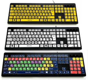 3 high visibility keyboards stacked vertically. The top one is black and yellow, the middle one is black and white and the bottom one is black and multicoloured.