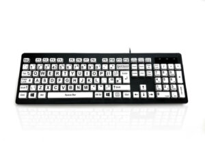A black high visibility keyboard with white keys and black letters.