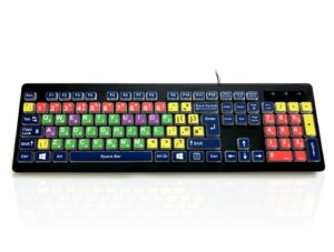 a black high visibility keyboard with multicoloured keys. Vowels are purple, Consonants are green, numbers are red, punctuation marks are yellow and the remainder are dark blue.