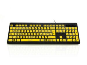 A black high visibility keyboard with yellow keys and black letters.