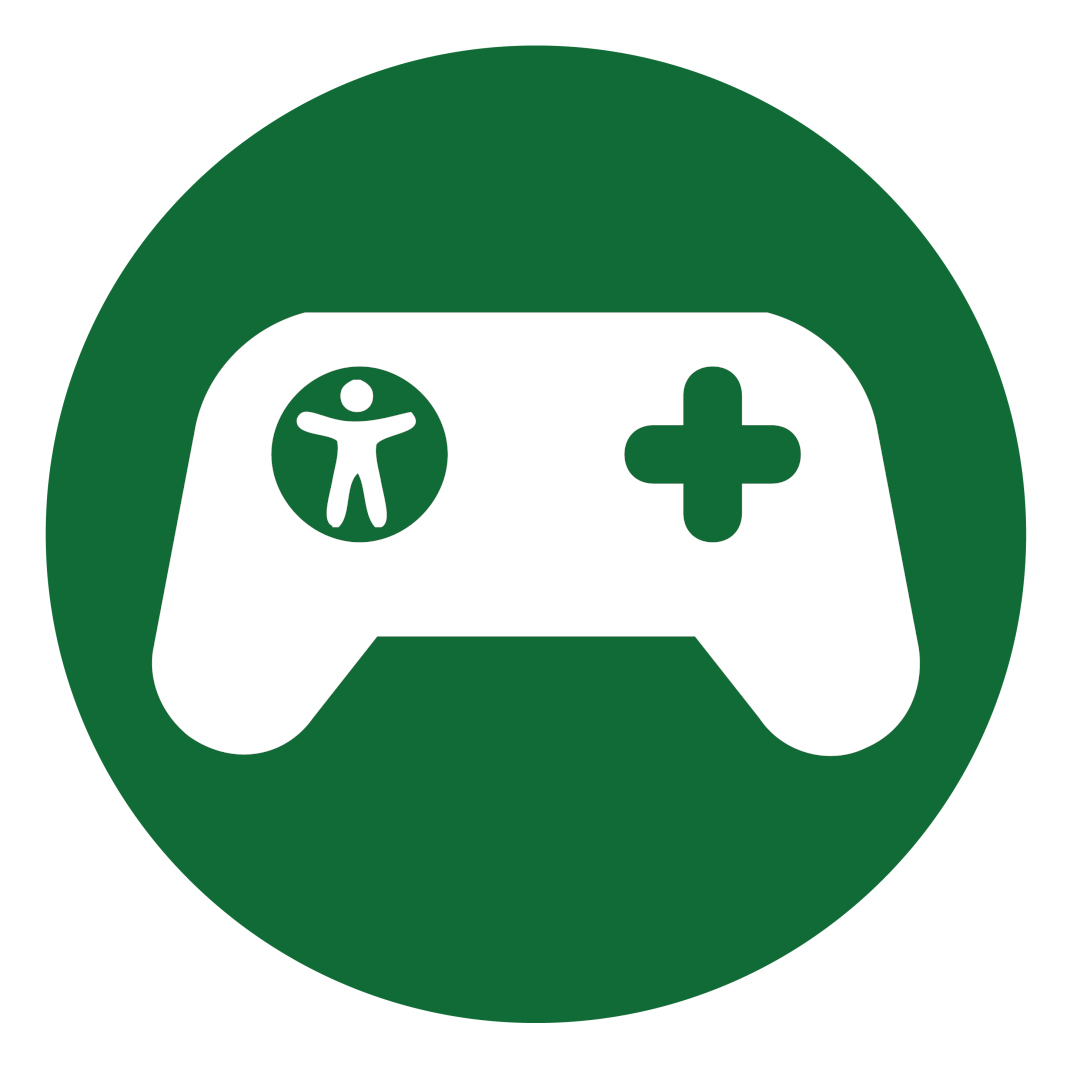 A green circle with a white controller in the middle. On the left joystick of the controller is a person.