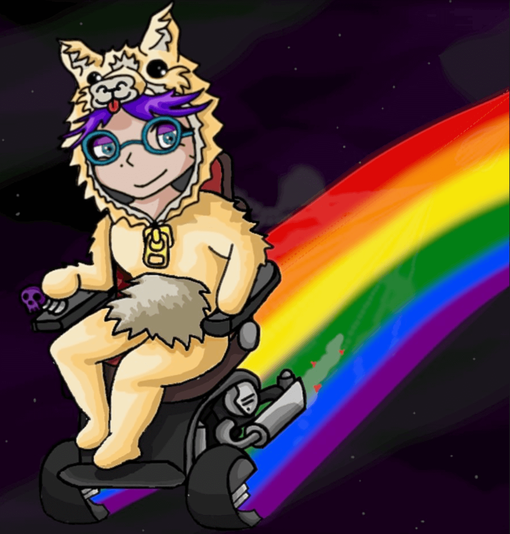 A cartoon character with purple hair and glasses wearing a llama costume. The character is in a wheelchair with a rainbow trail coming out of the back.