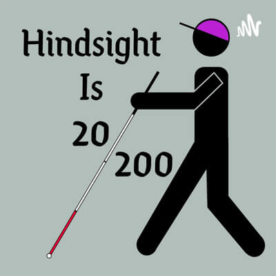 A black stick person with a purple cap, holding a mobility cane. Next to the stick figure is text that says 