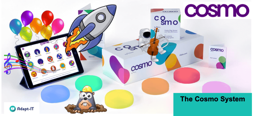 A tablet with the different Cosmo applications, comming out of the Tablet is a rocket ship, balloons and music notes. In front of the tablet is 6 cosmoids each different colours ready for use. To the right of the tablet is a white box with the Cosmo branding on it. on the Box is a Astronaught playing a cello. At the bottom left of the image is a cartoon mole with a perplexed expression on his face.