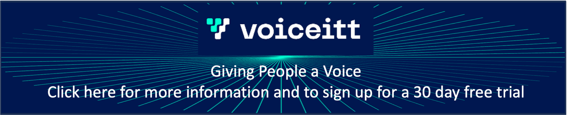 Voiceitt Banner. On the left is the Voiceitt Logo consisting of their V built out of squares with the left hand squares in a teal colour and the right in White. Next to the V iss Voiceitt in white text. To the side of the Voiceitt logo is the Text: 