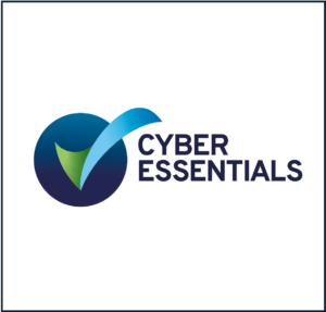 Cyber essentials Tick logo. blue circle with a big Tick in it. The tick is a light green through to a blue colour fade top to bottom. to the Right the Text Cyber Essentials.