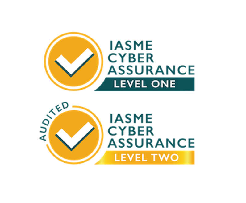 IASME Cyber assurance Logos Level 1: yellow circle with a Yellow circle outline, in the middle is a white Tick that has the lower edge bolded with a green line. to the left is the Text: IASME Cyber Assurance in dark green. below this is a solid green box with text in white saying Level 1. Level 2: yellow circle with a Yellow circle outline, on the top left qudrant the Text Audited is curved around the circle from 0 degrees to -90 degrees. in the middle is a white Tick that has the lower edge bolded with a green line. to the left is the Text: IASME Cyber Assurance in dark green. below this is a solid yellow box with text in white saying Level 2.