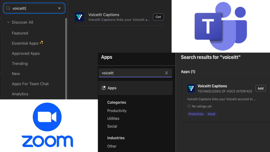 Screenshots of the Teams and Zoom app pages with the respective logos.