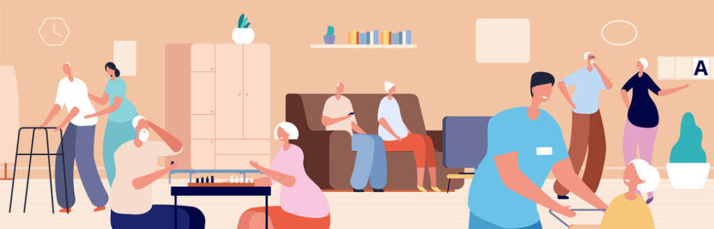 vector cartoon image of a bustling carehome common area.