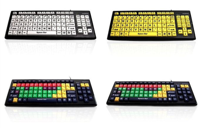 4 keyboards. From top left going clockwise; a large button high contrast keyboard, a large button high visibility keyboard, and two large button mixed colour keyboards.