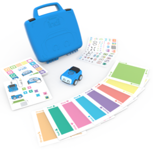 the Indi kit, consisting of coloured rubber mats, the indi robot, instruction and activity cards and a nice blue case to keep it all in.