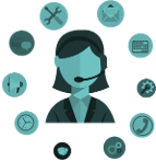 A call center lady, around her through life support images, repair, meetings, virtual support