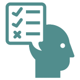 head icon in teal with a speach bubble with a set oif information with ticks and crosses next to them.