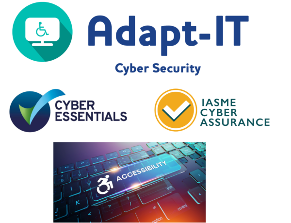 Adapt-IT Logo with Cyber Essentials and IASE Cyber Essenntials Logos. Below this is a SciFi looking image of a keyboard, glowing blue with a Big Key emphasising