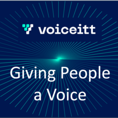 Voiceitt logo on a dark blue square. in the center of the square is a teal spot with rays of teal eminating from it. Below the logo It Says" Giving People a Voice"